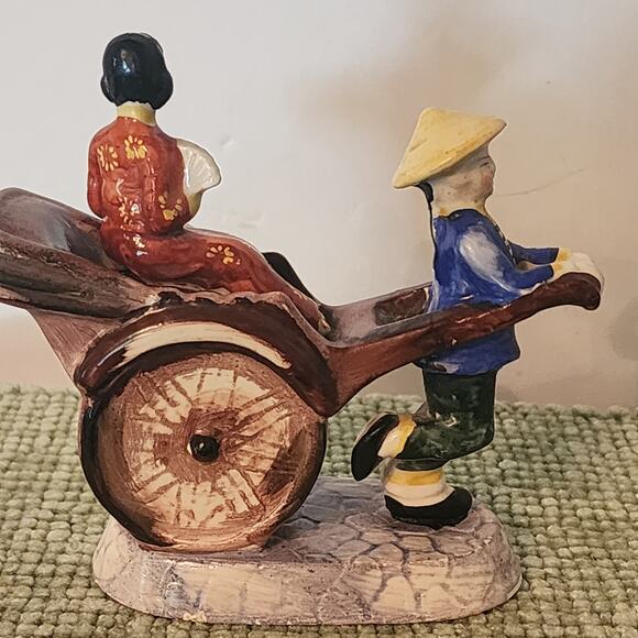 Occupied Japan Rickshaw Figurine Porcelain Man Woman Hand Painted 1940s Japan - Picture 6 of 8